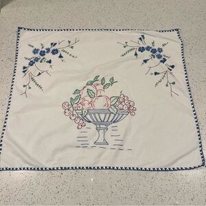 VINTAGE Embroidered Floral and Fruit Bowl Tablecloth Centerpiece | 27" Square